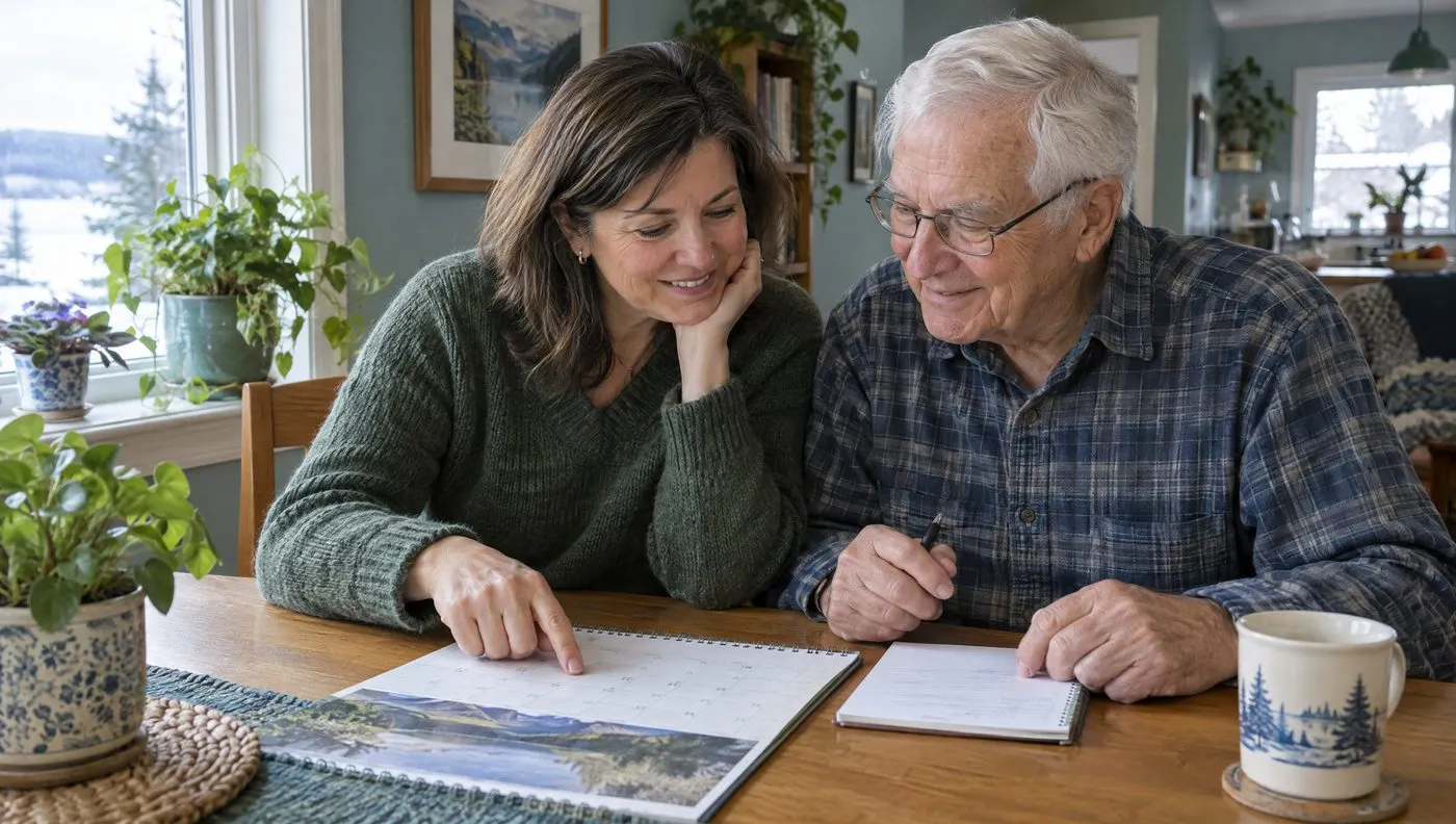An adult daughter and her older father at the kitchen table at home