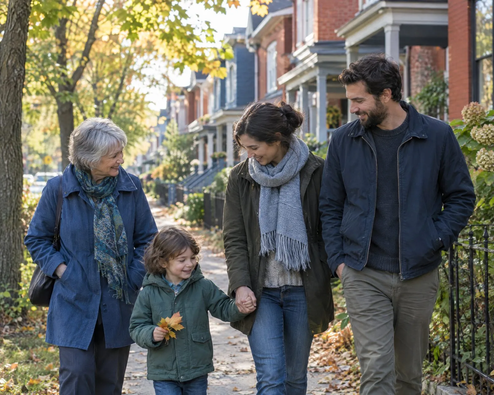 A family walking together on a tree-lined street in an east Ottawa neighbourhood
